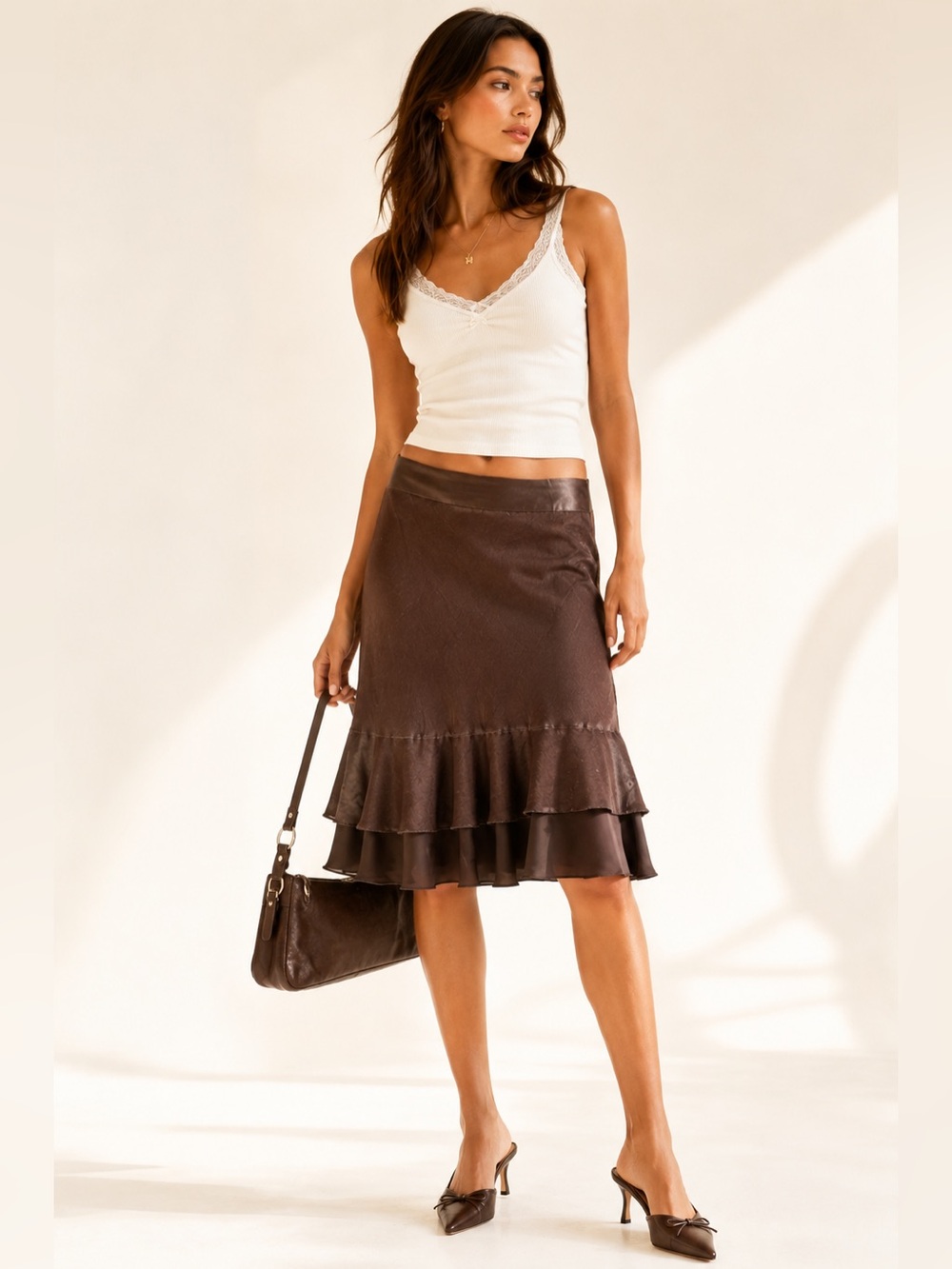 Y2K Nougat London Silk Blend Ruffle Hem Skirt Quiet Luxury Size 0
